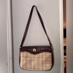 Vintage Etienne Aigner Rattan Oxblood Leather Shoulder Bag Medium 60s 70s